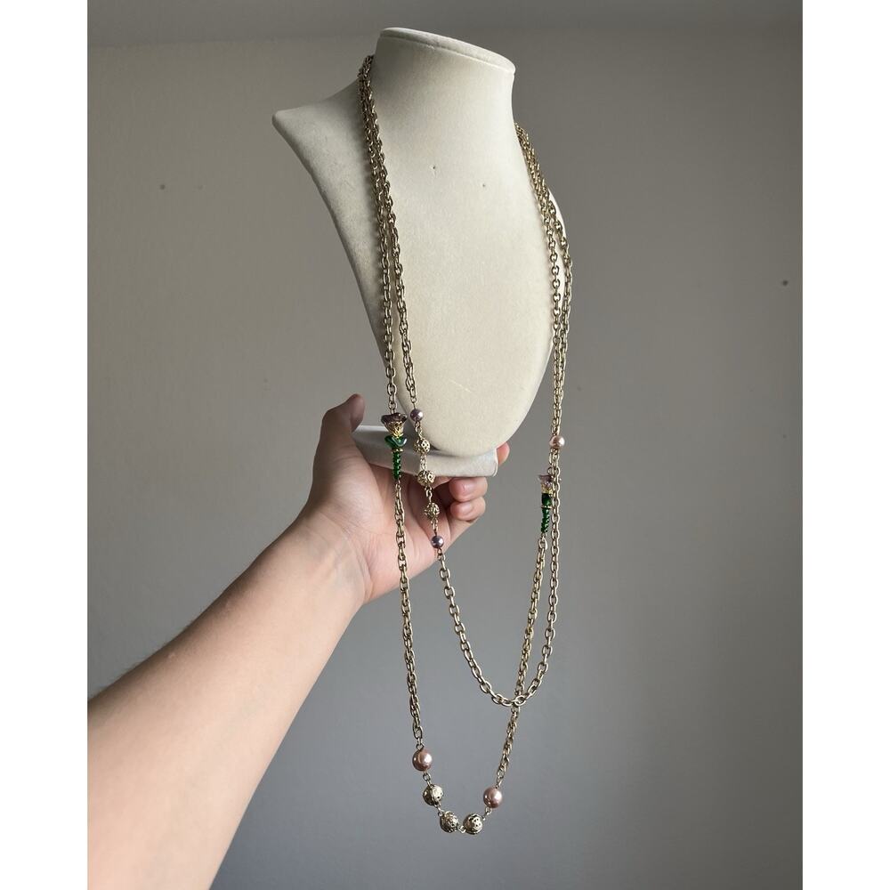 Vintage Gold Tone Chain Beaded Flower Ball Faux Pearl Station Necklace Long 32”